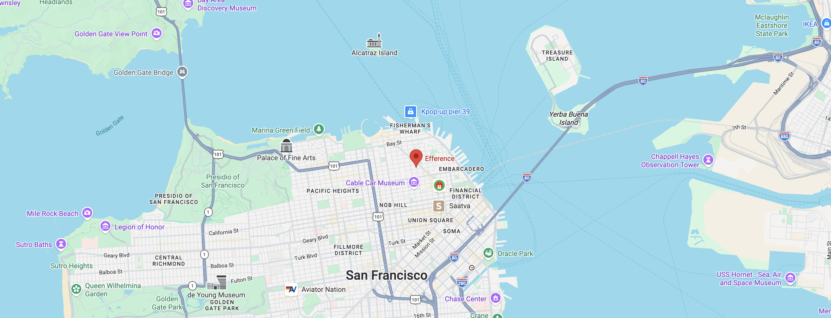 Map of San Francisco and the bay, showing Efference in North Beach